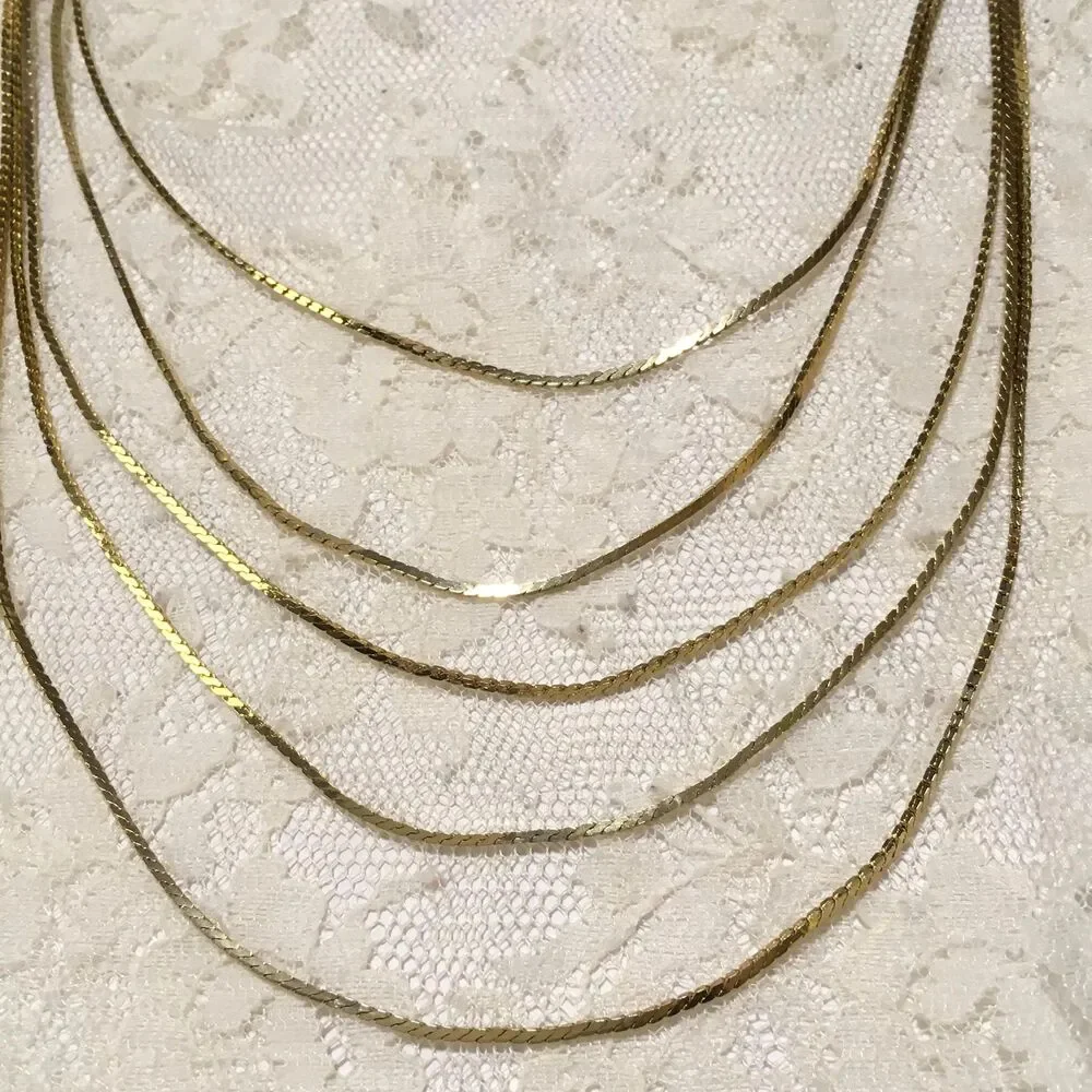 Vintage Multi-Chain Layer Necklace Gold Clasp 5 Strands Minimalist Everyday